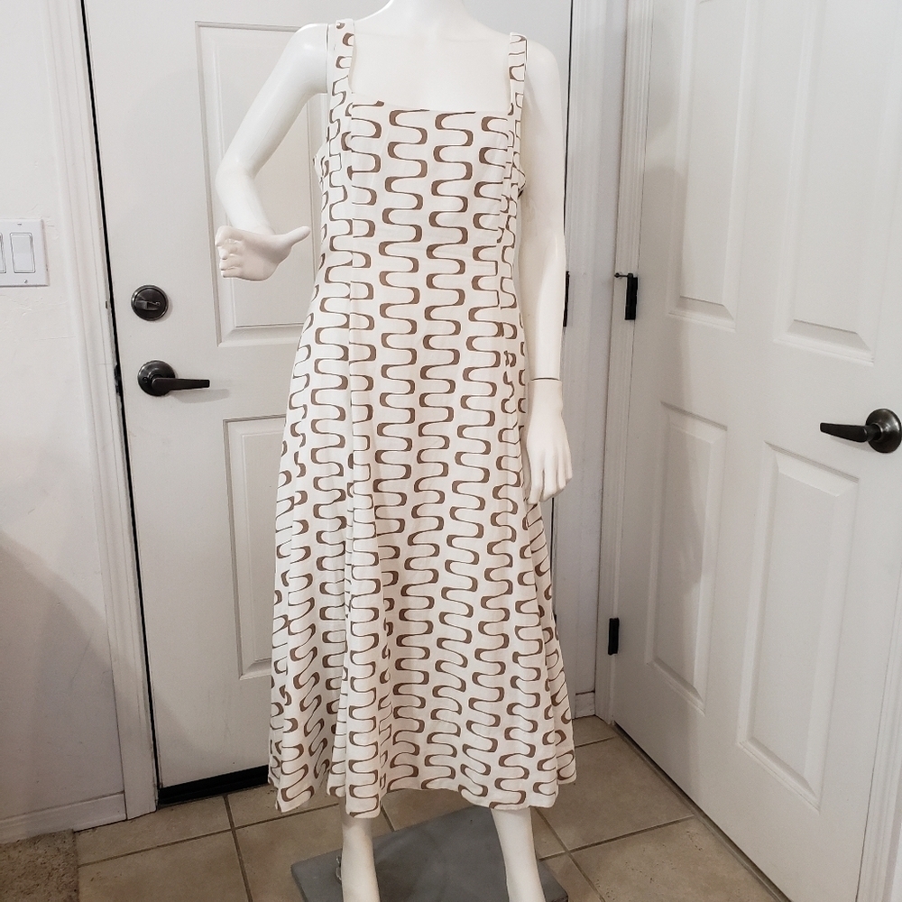 Christian Lacroix White Linen Midi Dress With Brown Waves Print, Size S
